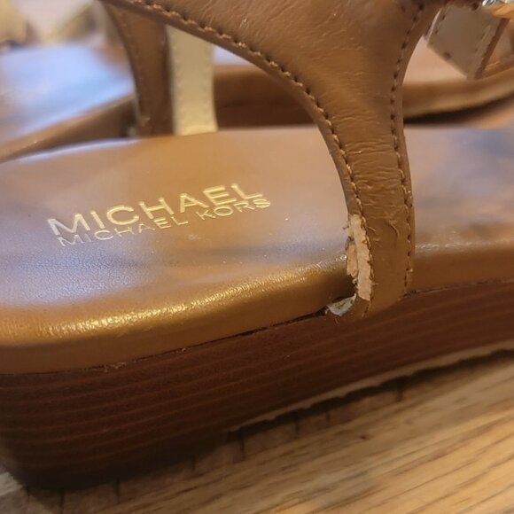 Michael Kors MK Logo Brown Leather T-Strap Low Wedge Thong Sandals - Picture 9 of 14